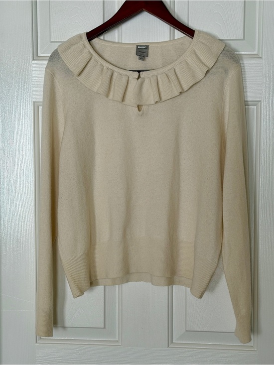 Nouveaux Sweaters - Womens 1X 100% Cashmere Sweater Cream Ruffle Neck Long Sleeve Soft Knit Top